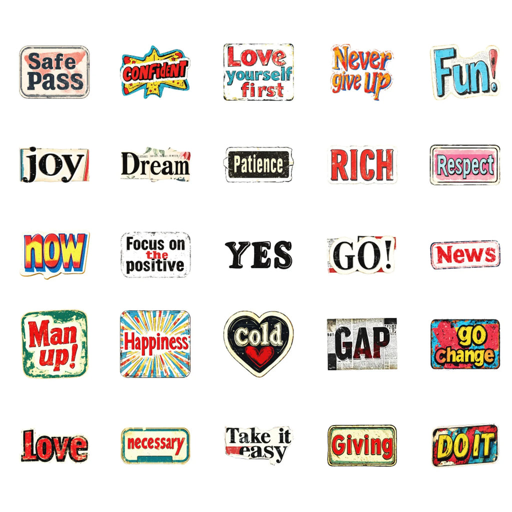 50/100 Pcs Cool Vintage Text Doodle Mix Stickers No Repeat DIY Enthusiast for Helmet Skateboard Car Phone Fade Resistant Decals