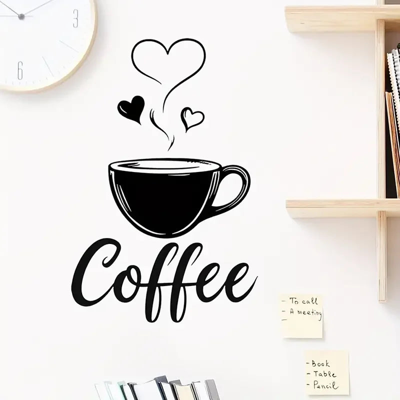 Chic Black Coffee Cup Wall Decal with Heart Accents - Contemporary Self-Adhesive, Easy-to-Apply Sticker for Kitchen, Bedroom, Li