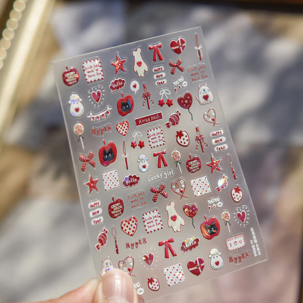 New Year Nails 3D Decorations Stickers Cute Red Graffiti Mini Horse Heart Bow tie Nail Art Stickers DIY Adhesive Nails Stickers