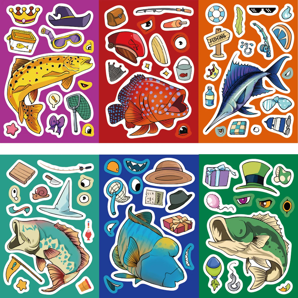 8/16/24PCS Puzzle Stickers Cartoon Fishing Make a Face Stickers DIY Handicrafts Waterproof Stationery Stickers