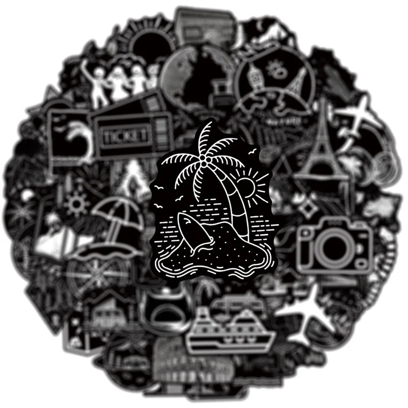 10/30/50PCS Black White Travel PVC Sticky Sticker Aesthetic DIY Children's Decoration Scrapbooking School Supplies