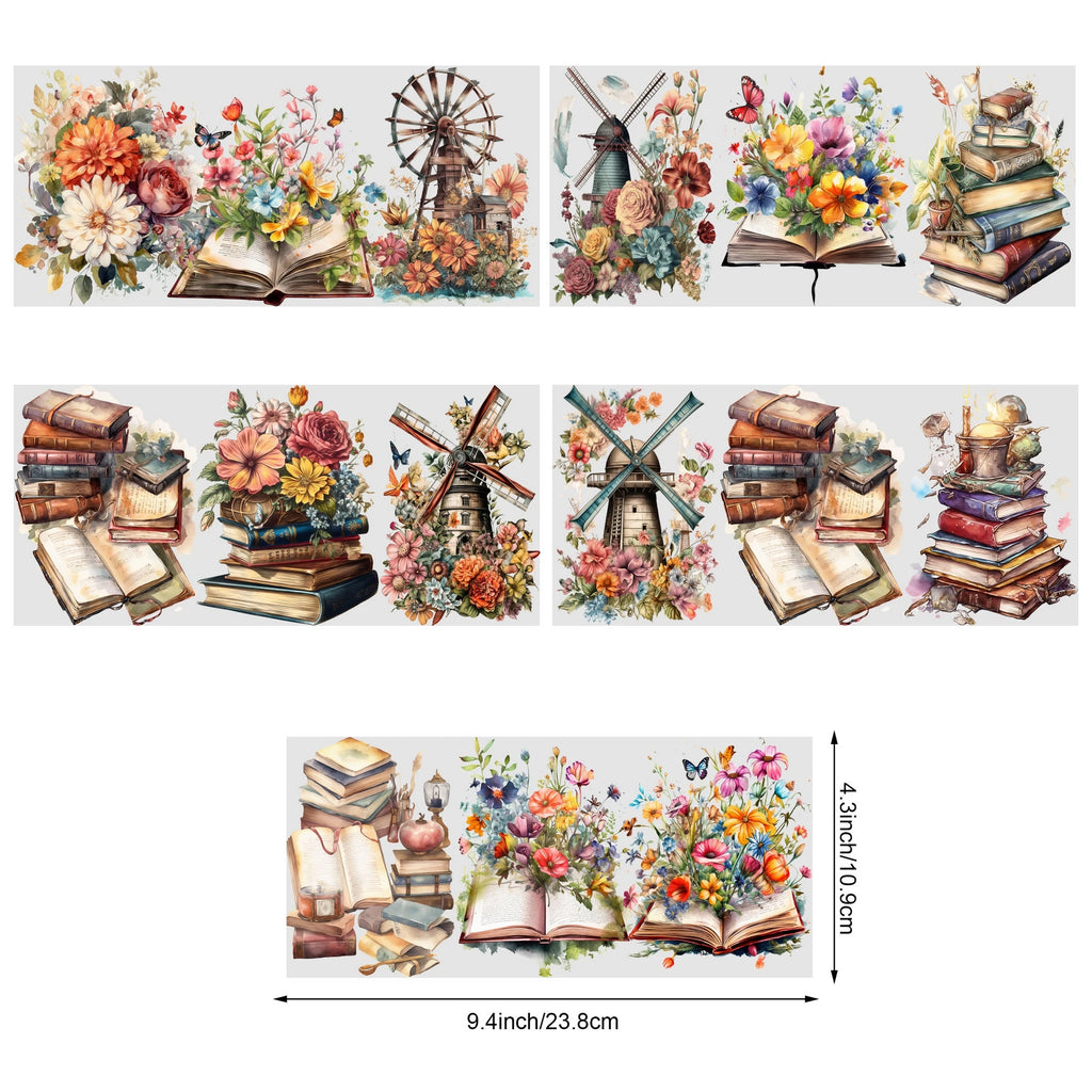 5 Sheets Vintage Book UV DTF Cup Stickers, DTF Friction Transfer Stickers, Waterproof Book Transfer Stickers for 16oz Glass Cup