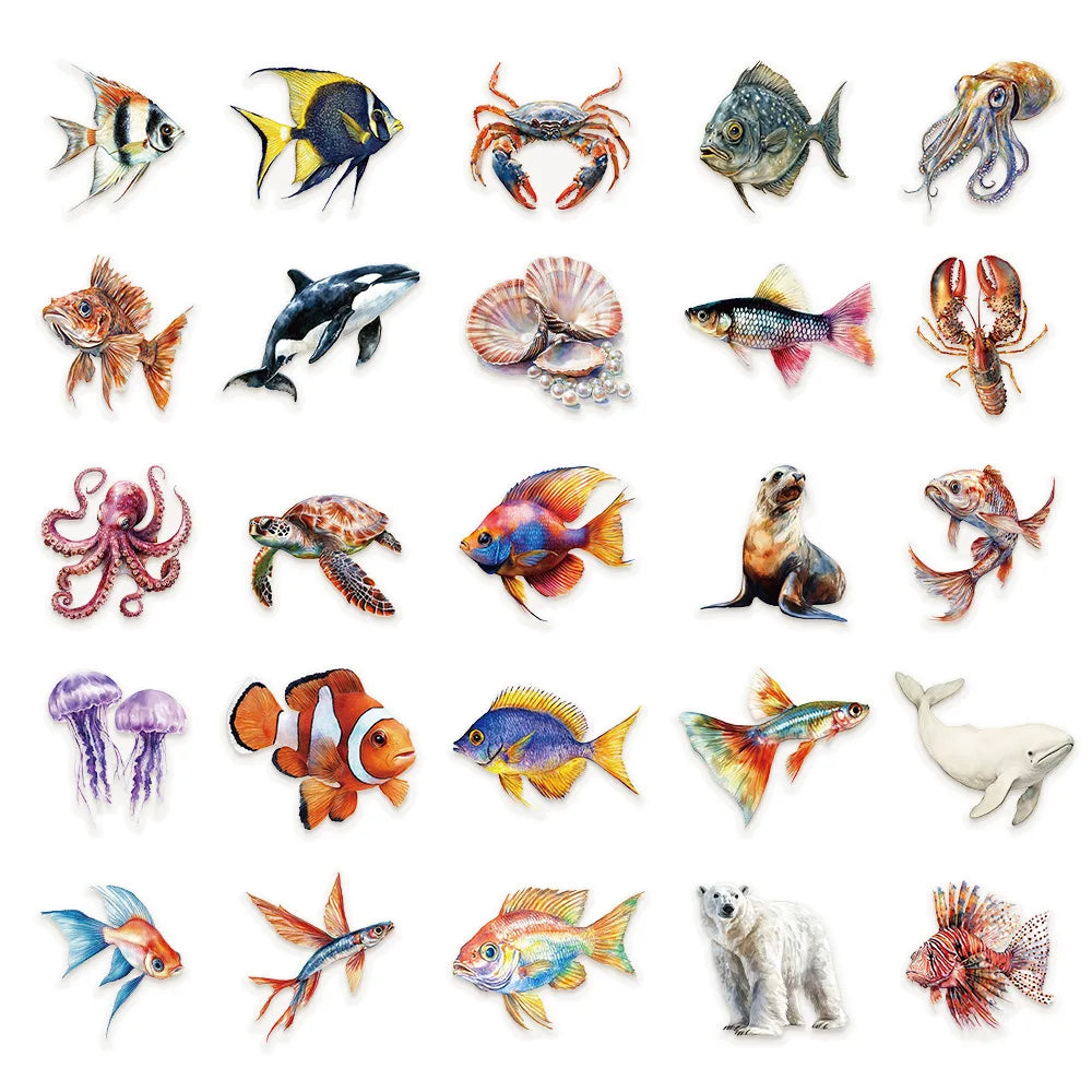 100pcs Cute Cartoon Marine Life & Fish Dolphin Shell Stickers ,Natural Starfish Transparent Stickers Decor Scrapbook