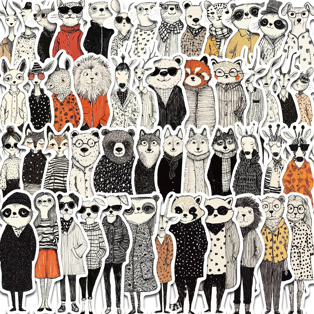 50PCS Retro Fashion Animal Clip Art Stickers Cartoon Landscape Gift Luggage Art Picture Cafe Laptop Skateboard Adhesive Stickers