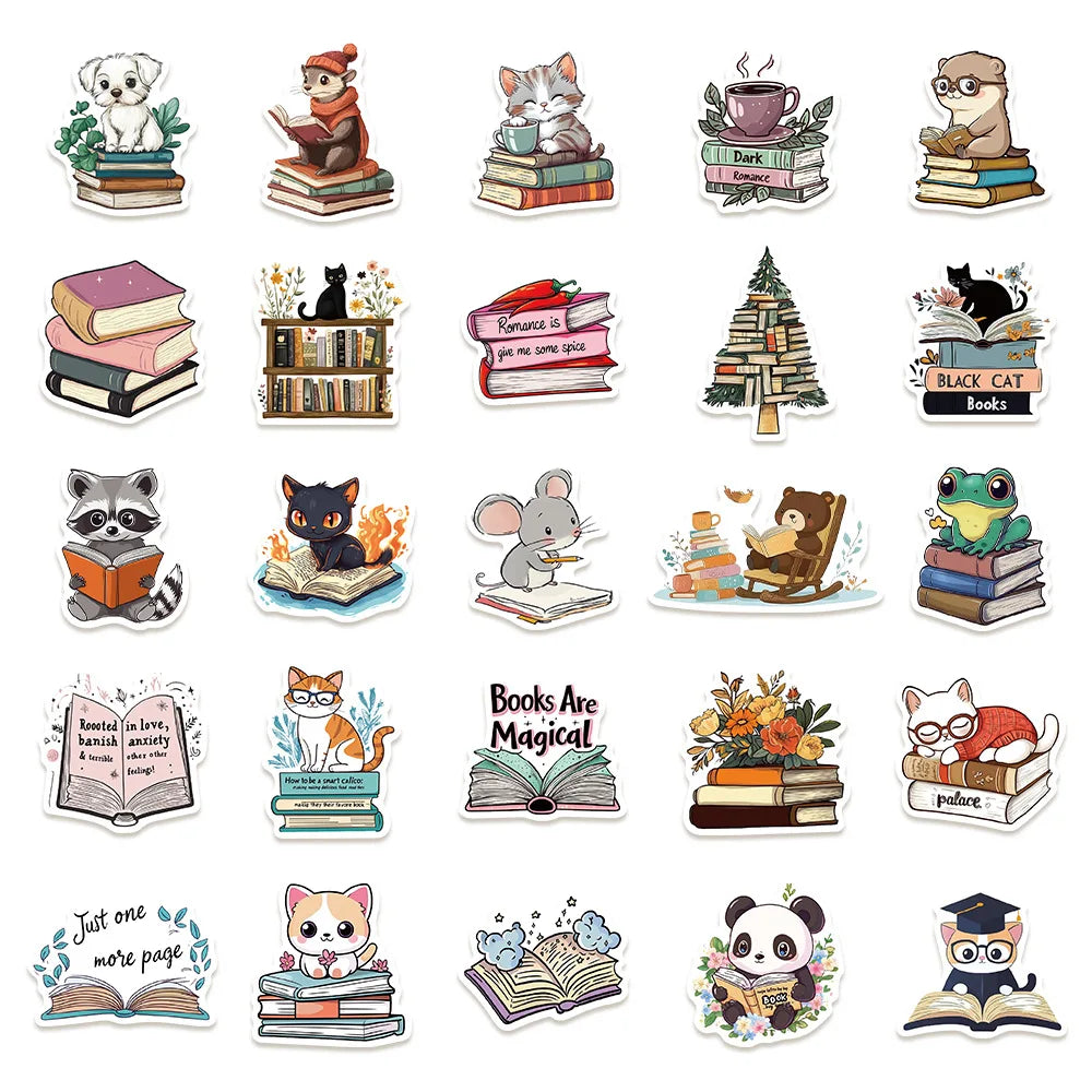 50/100PCS Animal Reading Animal Bookish Stickers Luggage Computer Phone Helmet Waterproof Stationery Stickers