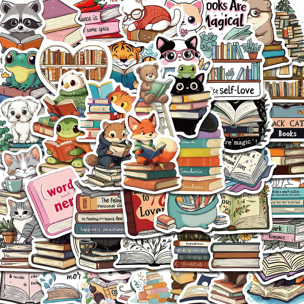 50PCS Animal Reading Stickers Notebook Cafe Aesthetic For Laptop Luggage PVC Home Decorative Cafe Waterproof DIY Sticker ﻿
