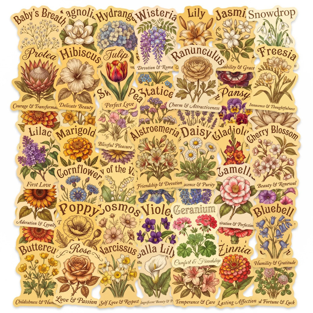 50/100 Pcs Vintage Floral Kraft Paper Style Stickers Aesthetic Waterproof DIY for Phone Suitcase Scrapbook Laptop Creative Decal