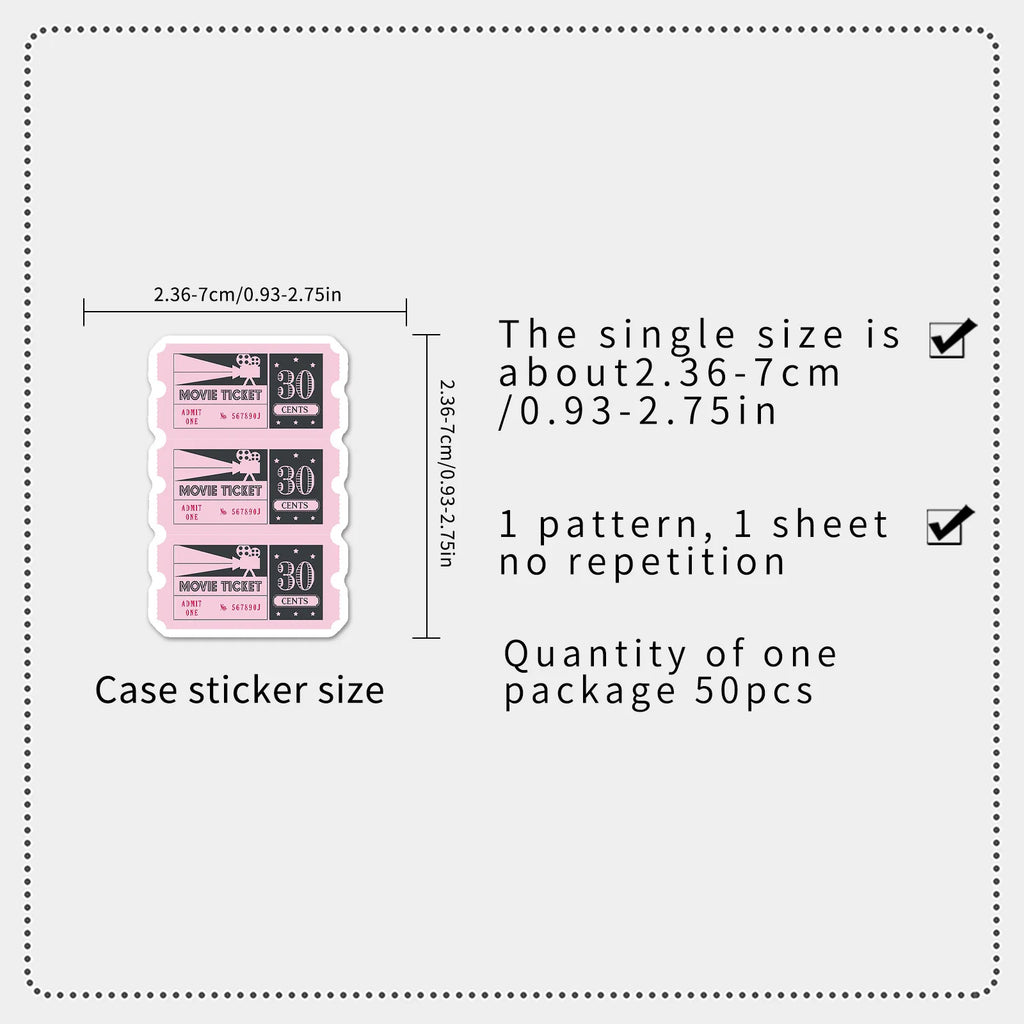 50-Pack Creative Cartoon Ticket Stickers Waterproof DIY Graffiti Decals for Mobile Phones Guitars Helmets Luggage Notebooks