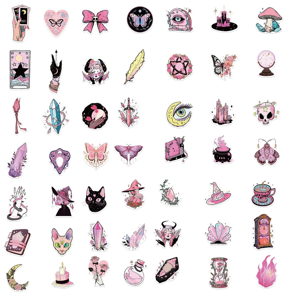 100PCS Pink & Green Cartoon Witch Graffiti Stickers Decorative Guitar Notebook Luggage DIY Waterproof Stationery Stickers