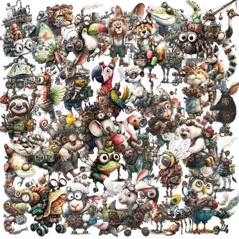 50PCS Cartoon Punk Animals PET Sticky Sticker Aesthetic Tear Open Decoration Scrapbooking Stationery Supplies for Kids