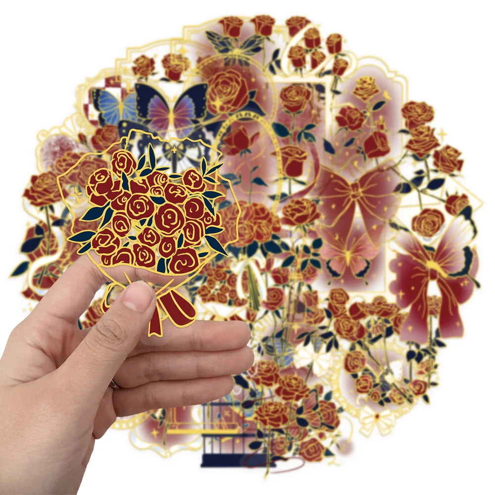 50PCS Retro Rose Gift Decorative Stickers, Computer Scrapbook, Refrigerator, Phone Case, Toy Decoration, Hot Stamping Stickers
