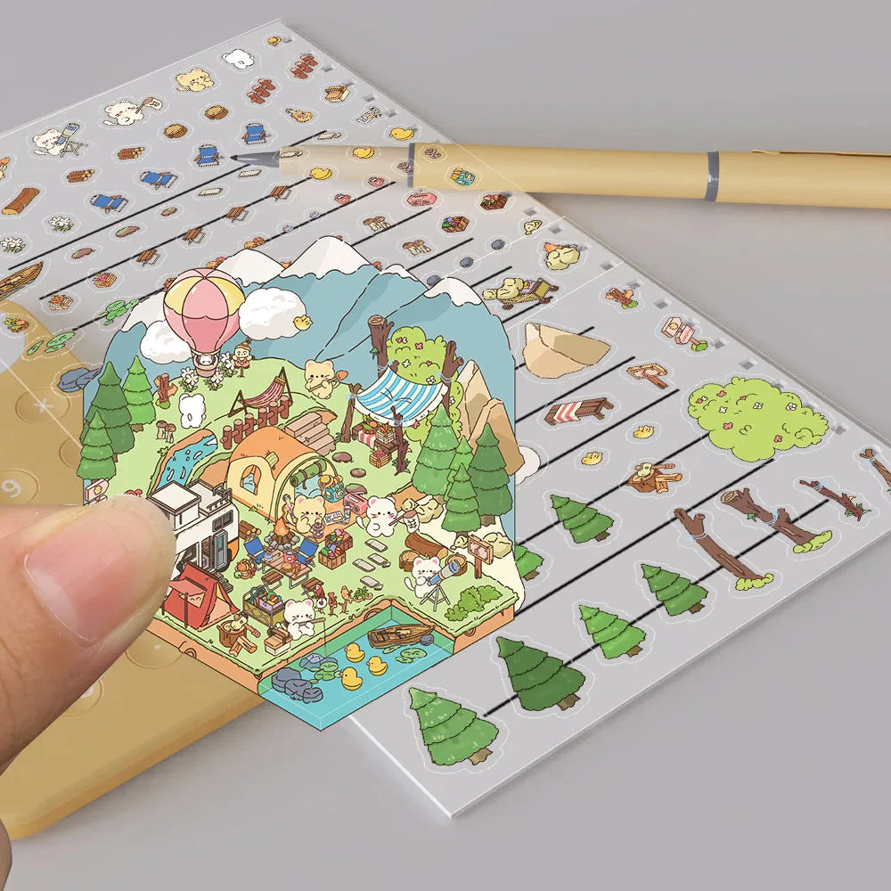 Cartoon Meow Meow Camping Notes 3D Landscaping Stickers Nostalgia Coffee Creative  Nostalgia Pegatinas Wall Stickers