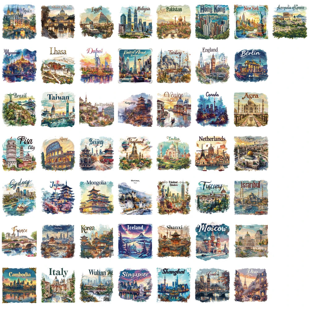 50PCS Travel Postcards Graffiti Stickers Motorcycle Laptop Art Picture Notebook Luggage Skateboard Phone Waterproof Stickers