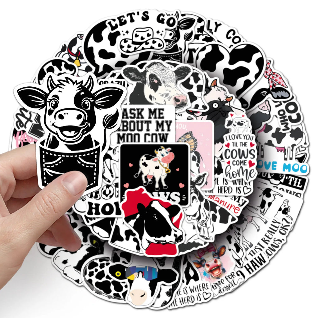 50-Pack Fun Black & White Polka Dot Cow Stickers Waterproof Decorative Stickers for Guitars Luggage Helmets Stationery Notebooks