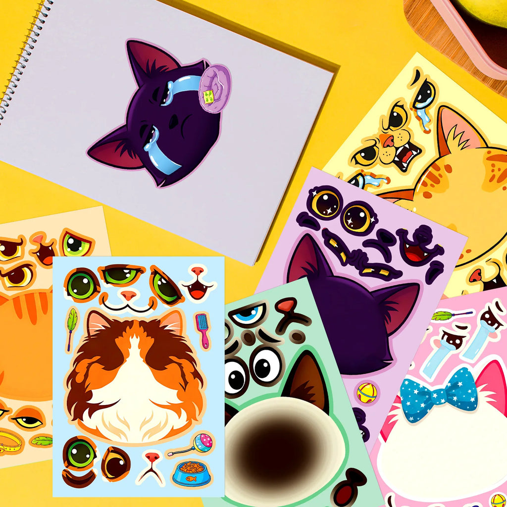 6/12 Pcs Large Cartoon Cat Face Puzzle DIY Game Stickers for Scrapbook Desk Toy Shelf Furniture Fun Decals