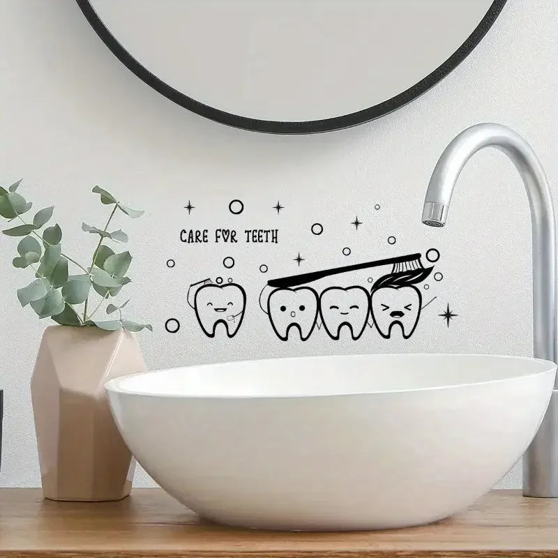 Care for Teeth Cartoon Tooth Vinyl Wall Decal - Waterproof Self-Adhesive Bathroom & Kids Room Decor, Educational Dental Hygiene