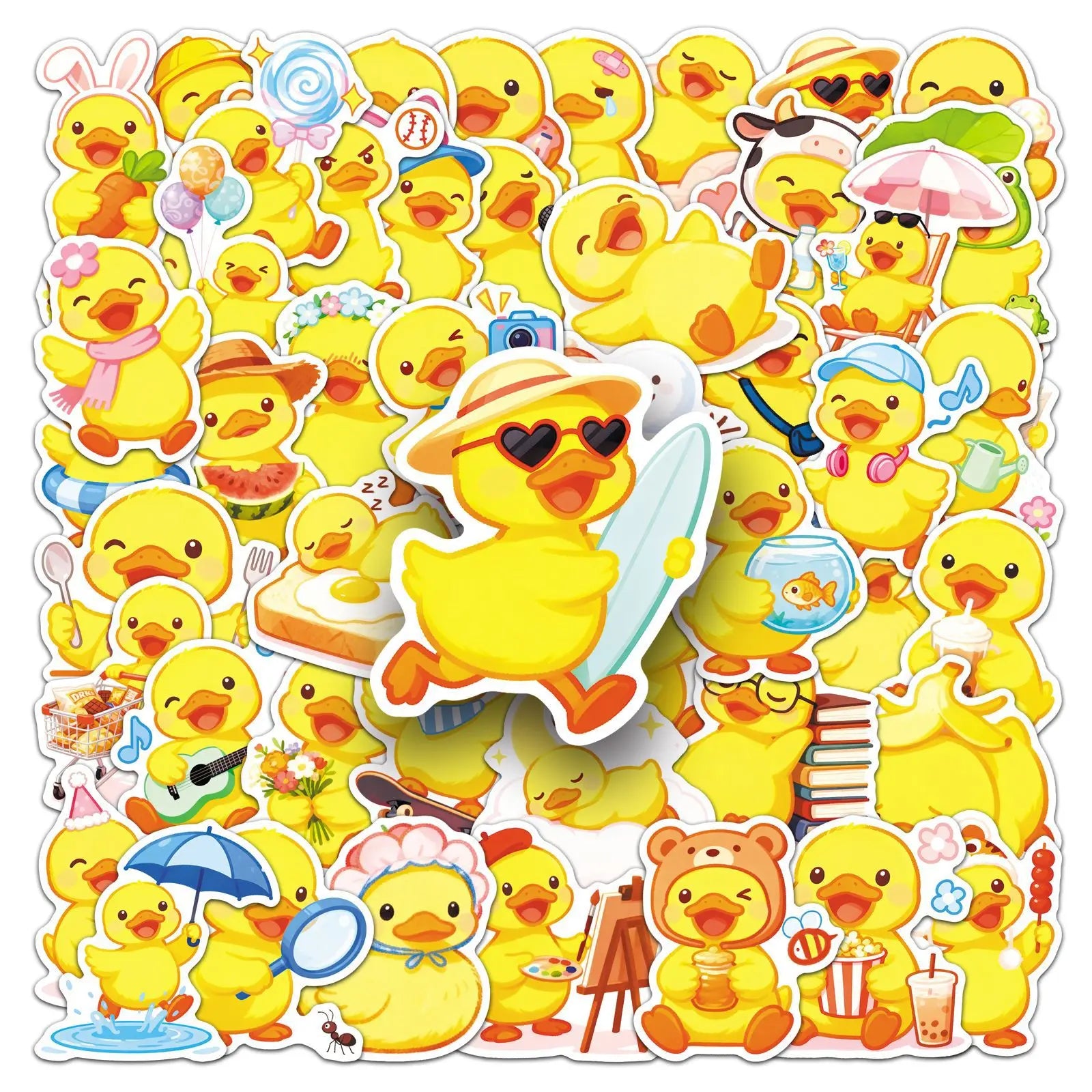 51Pcs Cute Yellow Duck Stickers, Cartoon Waterproof School Supplies Notebook Decals Phone Earphones Fridge Decor Sticker