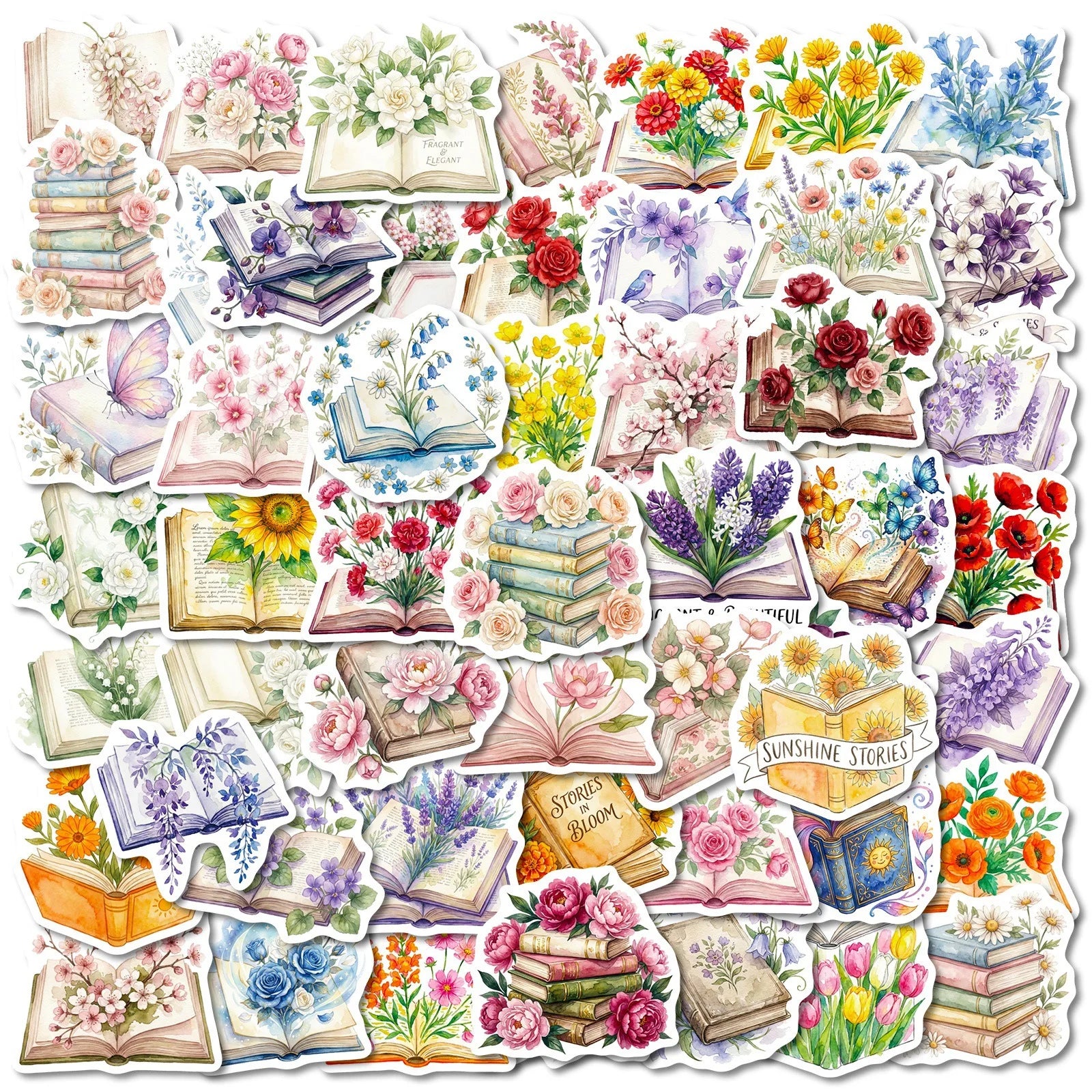56-Pack Books & Flowers Waterproof Graffiti Stickers for Luggage Skateboards Journals And More