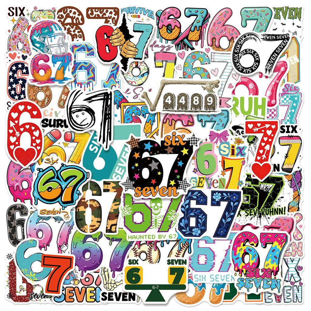 50/100 Pcs Unique Fun Colorful Number 67 Doodle Stickers DIY Game for Skate Helmet Cup Phone Waterproof Decals