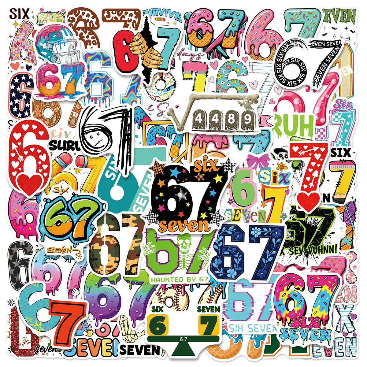 50/100 Pcs Unique Fun Colorful Number 67 Doodle Stickers DIY Game for Skate Helmet Cup Phone Waterproof Decals