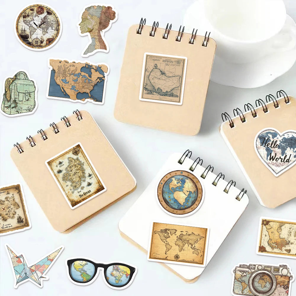 50PCS Retro Map Stickers Decorative DIY Creative Phone Cases, Laptop Cups, Speakers, Toy Stickers