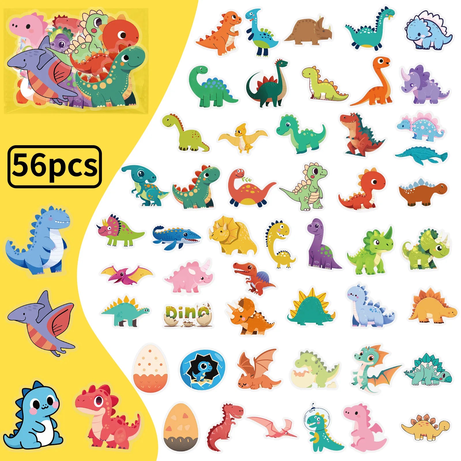 56PCS Dinosaur Transparent PET Stickers Cute Cartoon Children's Reward DIY Stationery Notebook Pen Holder Material Stickers