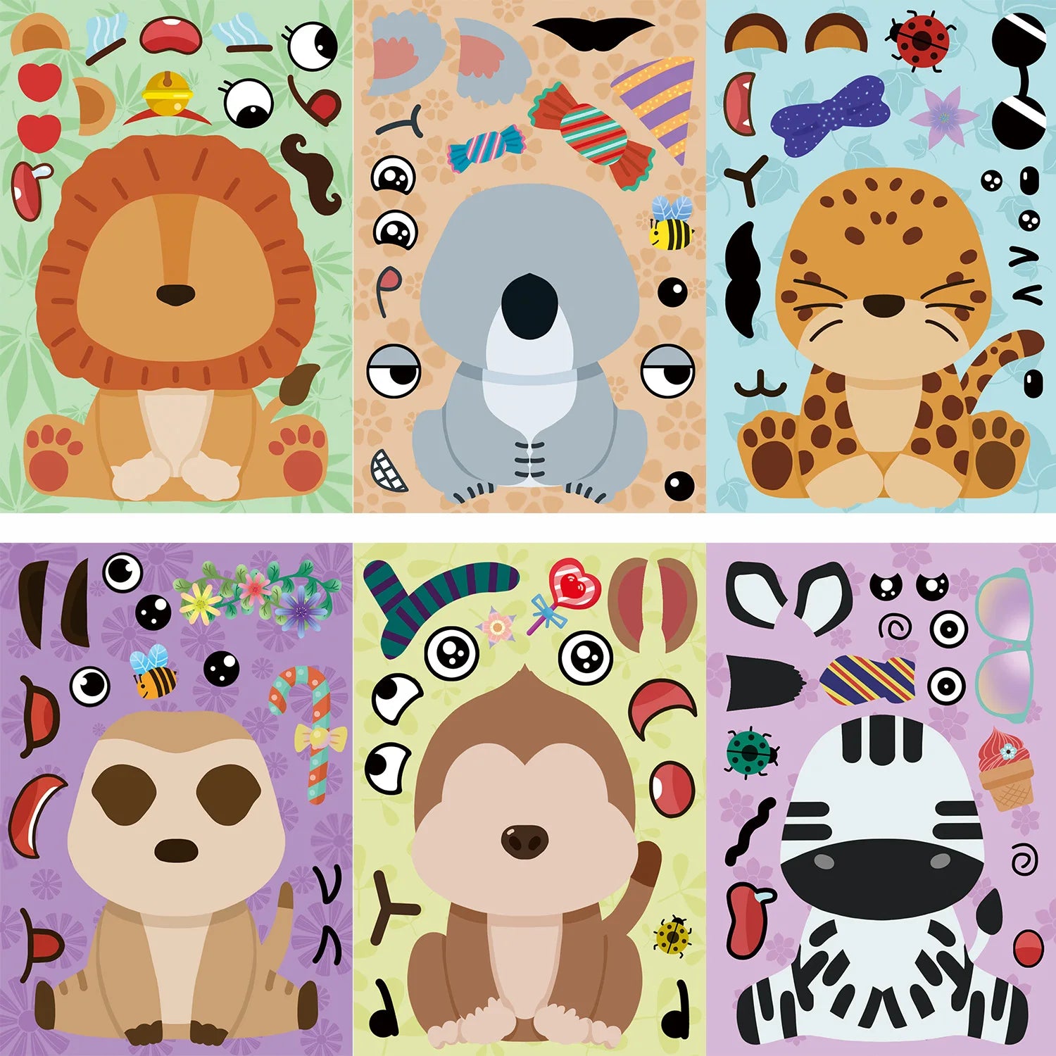 8/16/24PCS Cartoon Animal Make a Face Change Stickers DIY Phone Decorative Stationery Notebook Stickers Waterproof