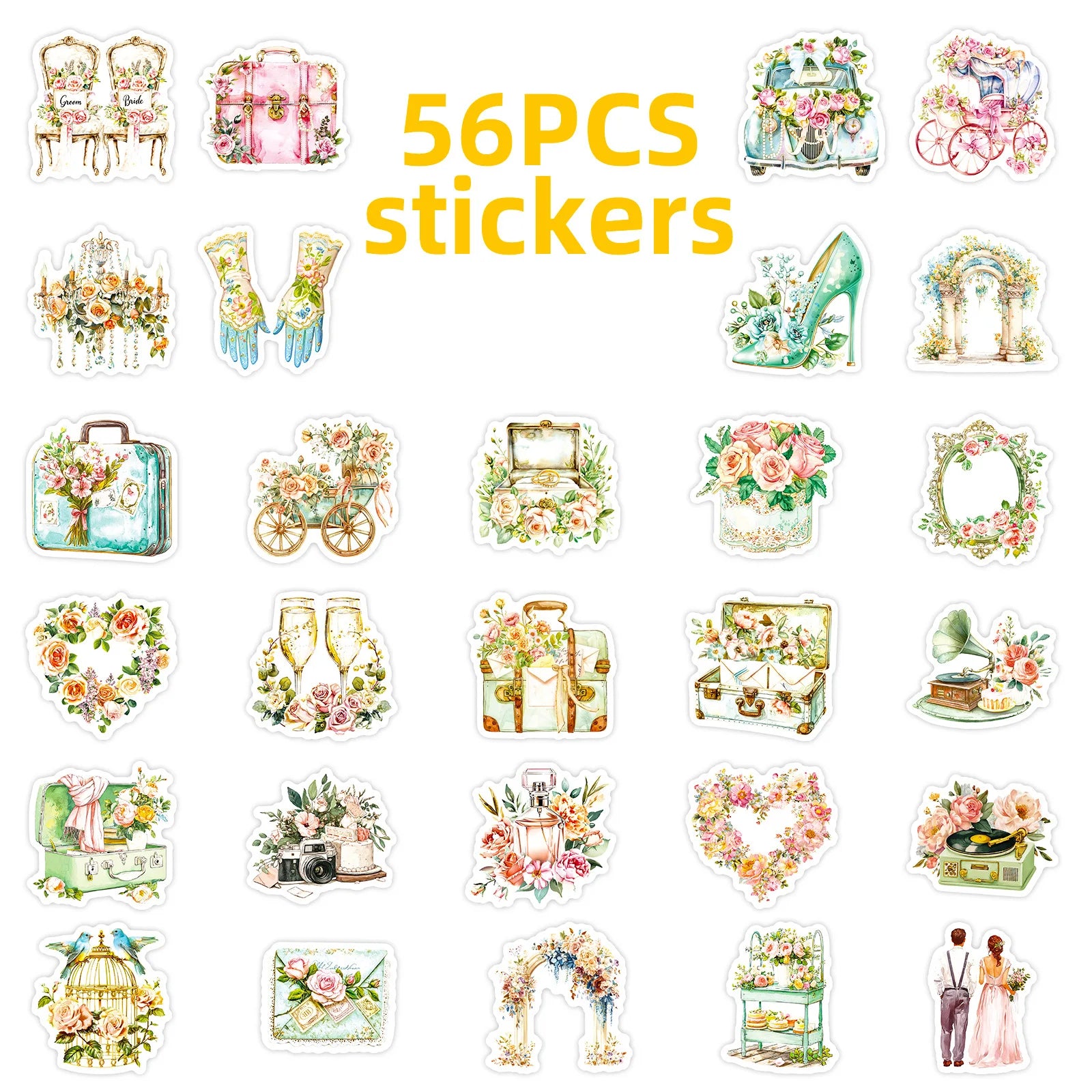 56PCS Vintage Wedding Flower Stickers Gift Box Party Decoration Stationery Notebook Suitcase Fridge DIY Aesthetic Decal Sticker