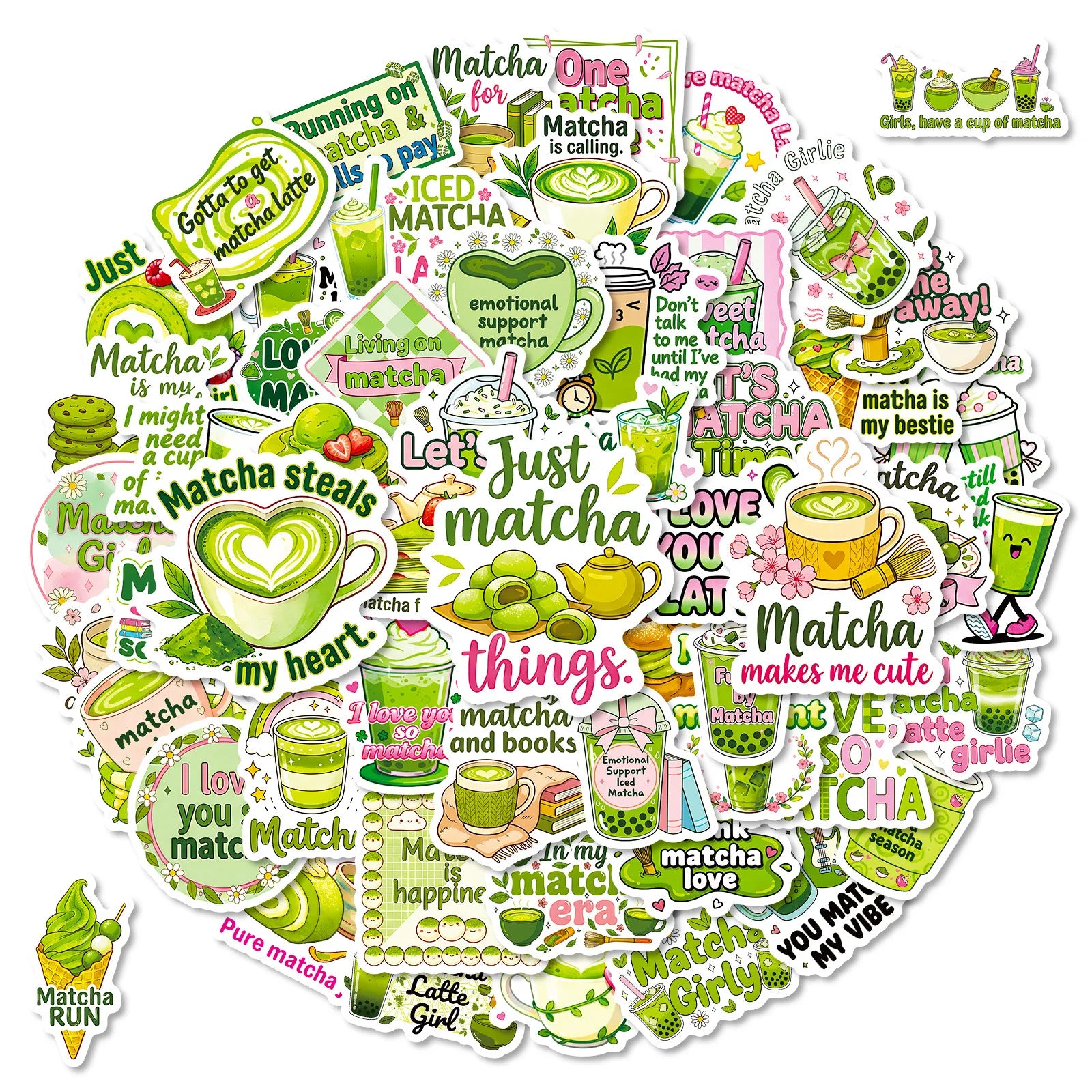 56PCS Matcha Style Cute Stickers Fun Phrase Decals Student Stationery DIY Phone Tablet Luggage Decor Aesthetic Decal Sticker
