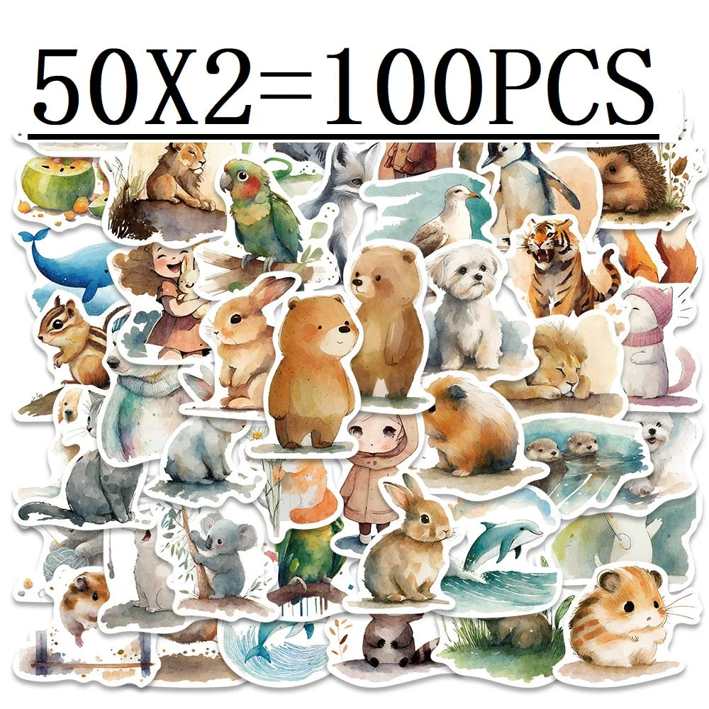 50/100 PCS Cartoon Watercolor Illustration Stickers Laptop Phone Decorative Waterproof Stationery Pen Holder Stickers