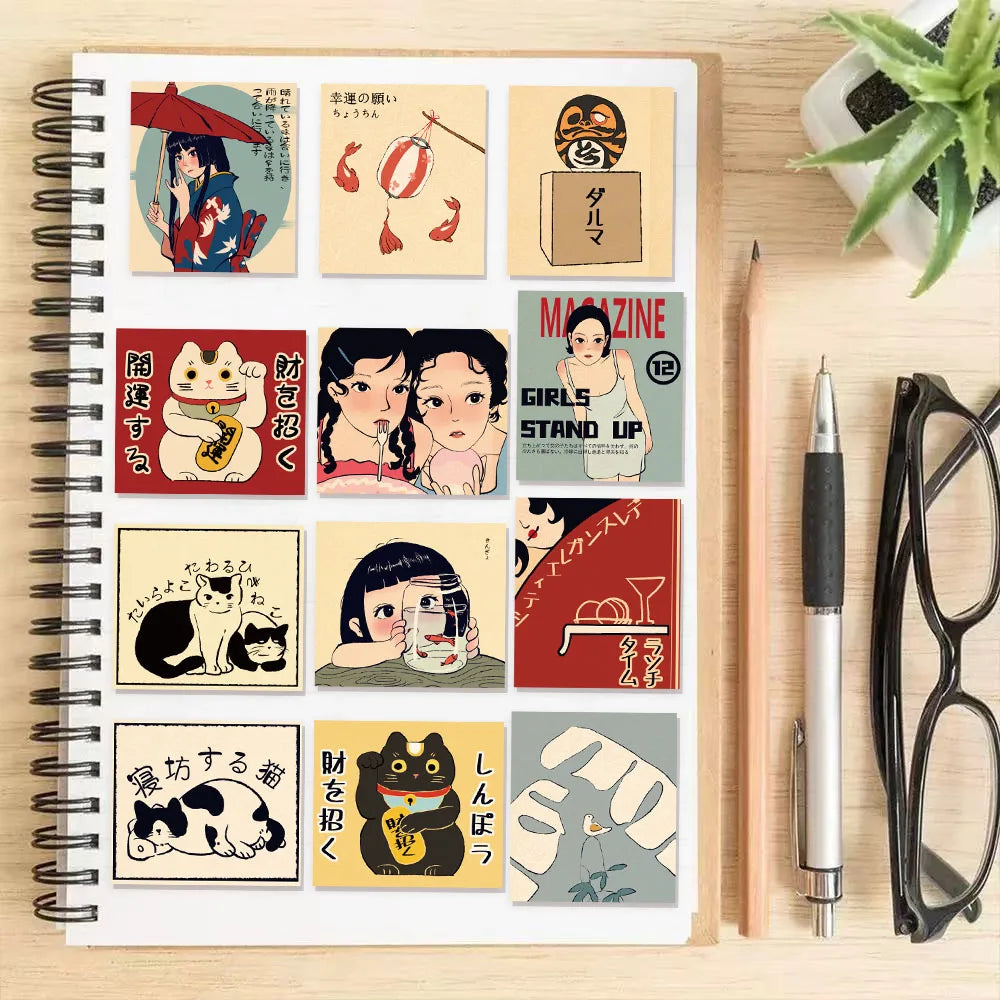 50PCS Retro Cartoon Japanese Culture Aesthetics Stickers DIY Manual Scrap Book Laptop Luggage Waterproof Graffiti Stickers