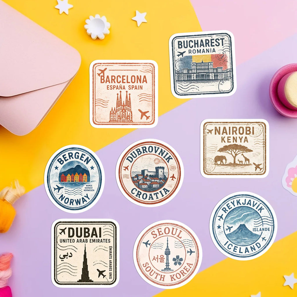 50-Pack Creative Graffiti Passport Stamp Decal Stickers for Students Stationery Water Cup Computer Waterproof Decoration
