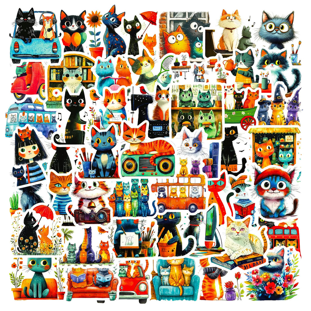 56/112Pcs Artistic Colorful Japanese Cat Doodle Stickers DIY for Scrapbook Notebook Stationery Box Pen Holder Phone Desk Bicycle
