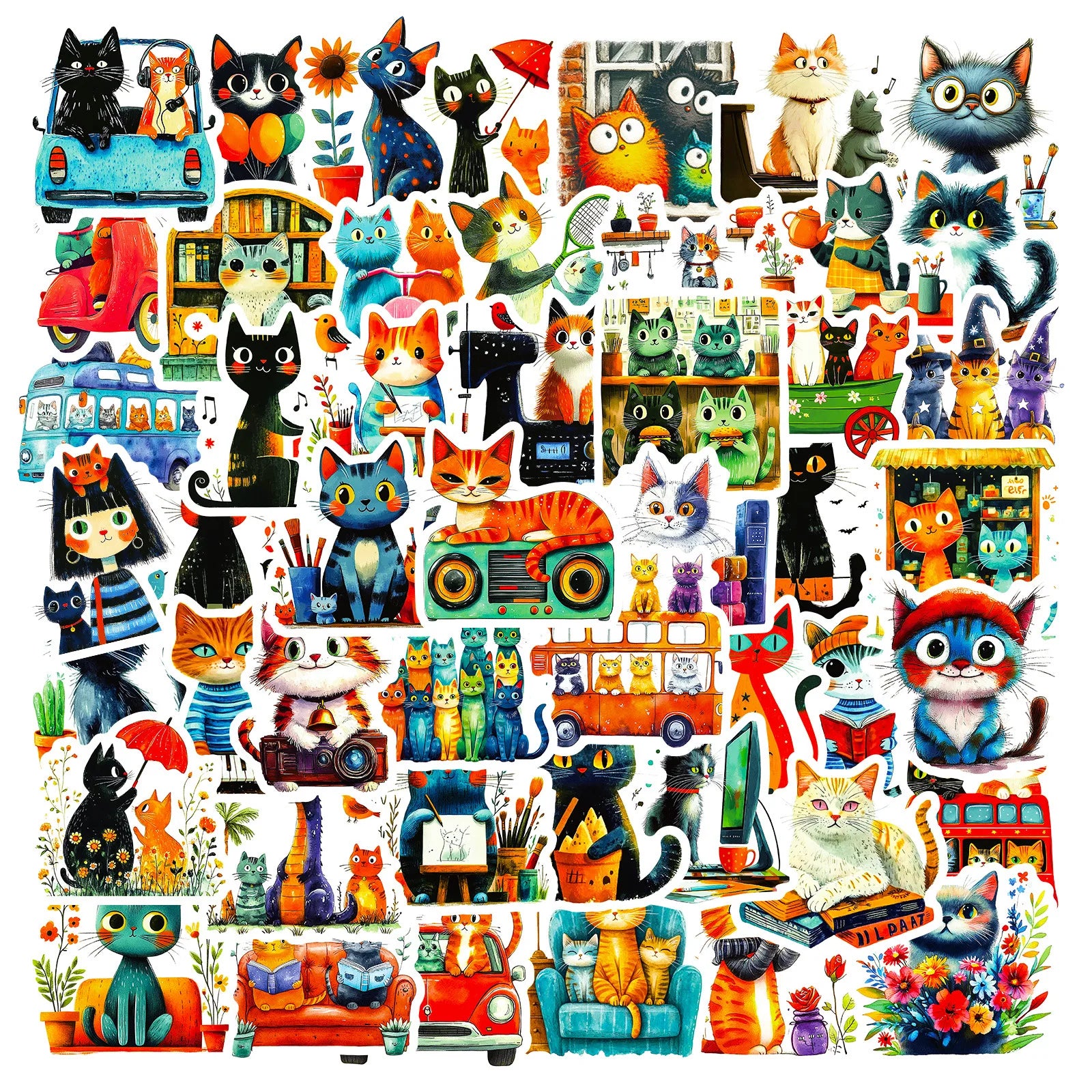 56/112Pcs Artistic Colorful Japanese Cat Doodle Stickers DIY for Scrapbook Notebook Stationery Box Pen Holder Phone Desk Bicycle