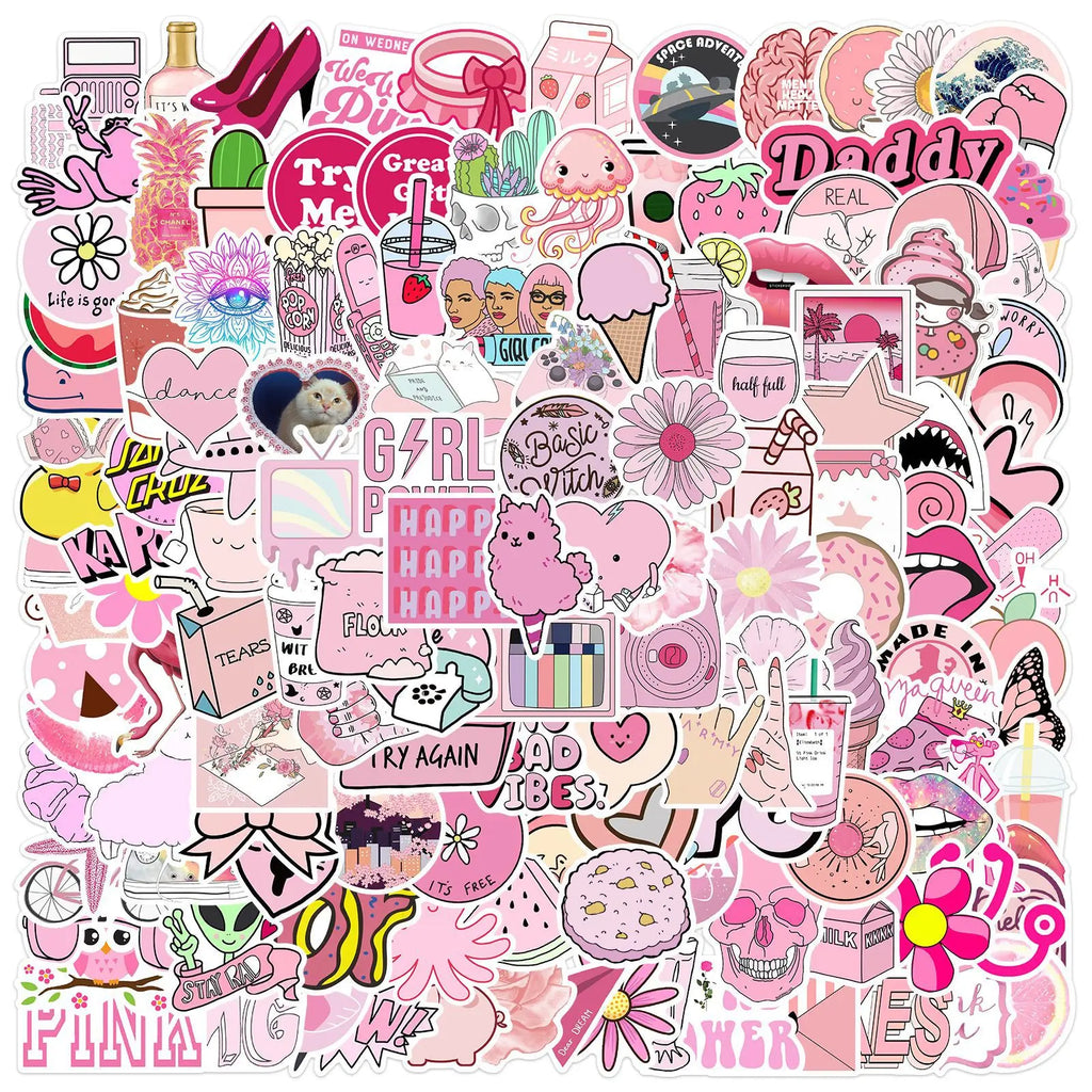 150PCS Pink Cartoon Girl Graffiti Stickers Luggage Guitar Waterproof Stationery Pen Holder Notebook Decorative Stickers