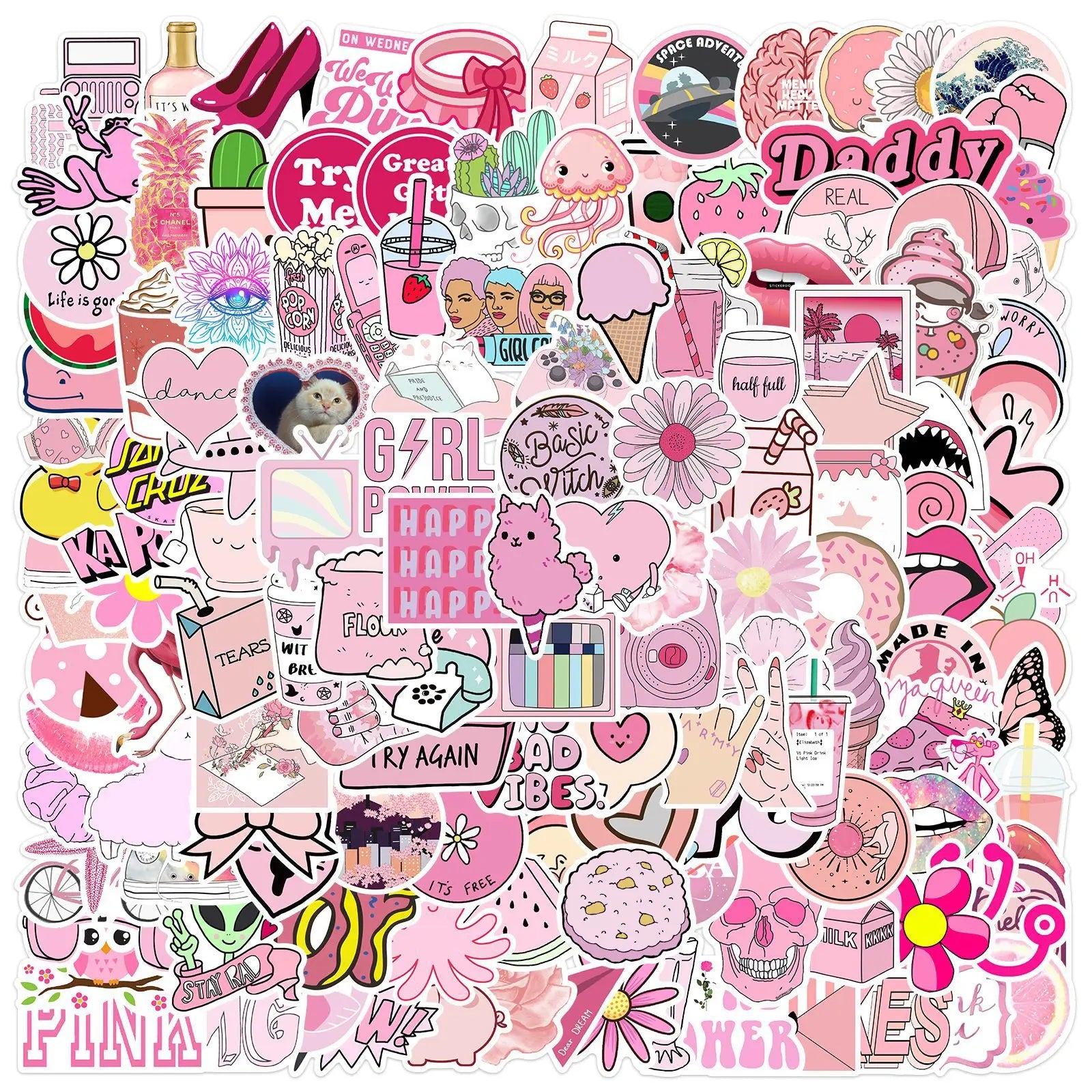 150PCS Pink Cartoon Girl Graffiti Stickers Luggage Guitar Waterproof Stationery Pen Holder Notebook Decorative Stickers