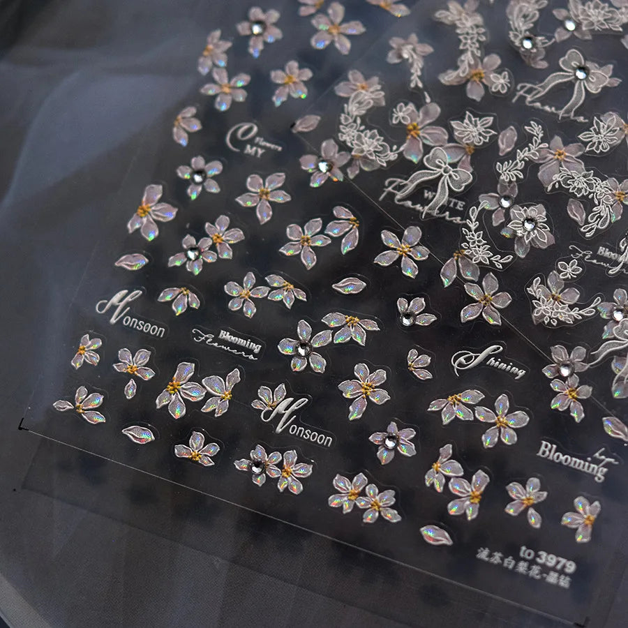 Exqusitive Fringed White Pear Blossom Nail Decorations Stickers Crystal Diamond Pink Flowers Back Glue Nail Decals DIY Accessory