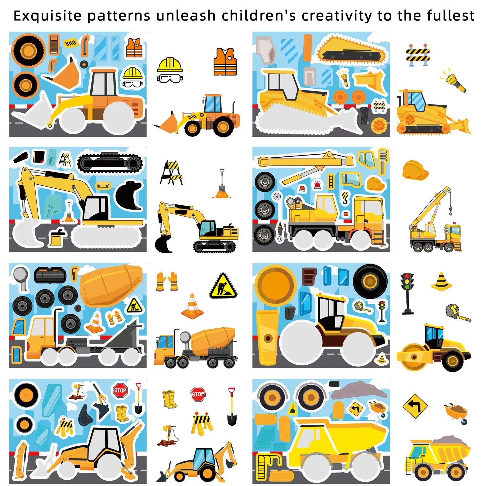 16PCS Cartoon Engineering Car Puzzle Stickers Luggage Make A Face Notebook Children Puzzle Stationery DIY Stic