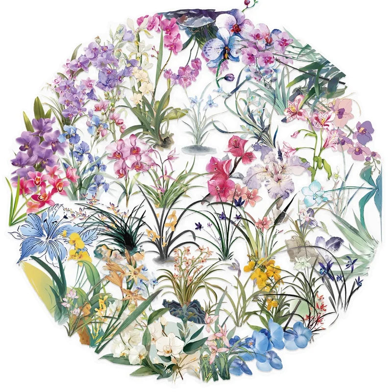 50PCS Kawaii Orchid PET Sticky Sticker Aesthetic Tear Open DIY Decoration Scrapbooking School Stationery Supplies for Kids
