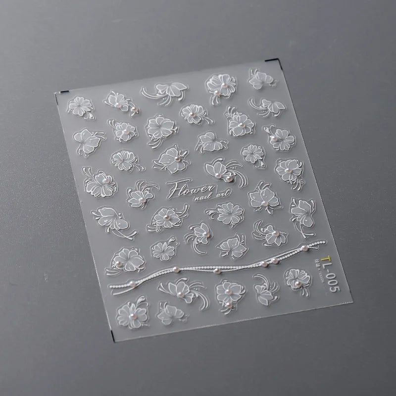 Classic White Flowers Nail Charms Stickers 5D Embossed Pearls Flowers Ribbon Design Nail Art Stickers DIY 3D Manicure Decoration