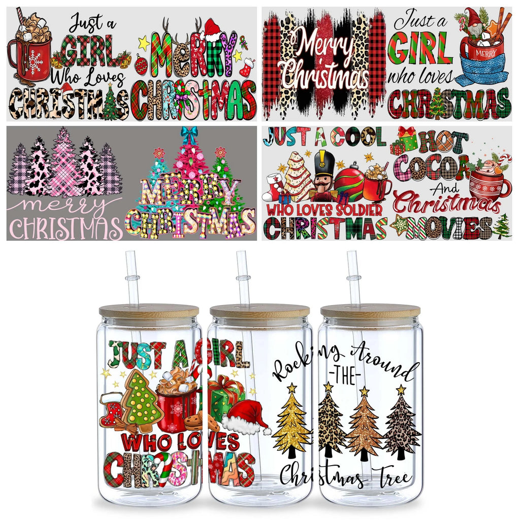 5 sheets Christmas UV DTF Cup Stickers, DTF Transfer Stickers, Waterproof Snowman Wipe-Off Transfer Paper for 16oz Glass, Mug
