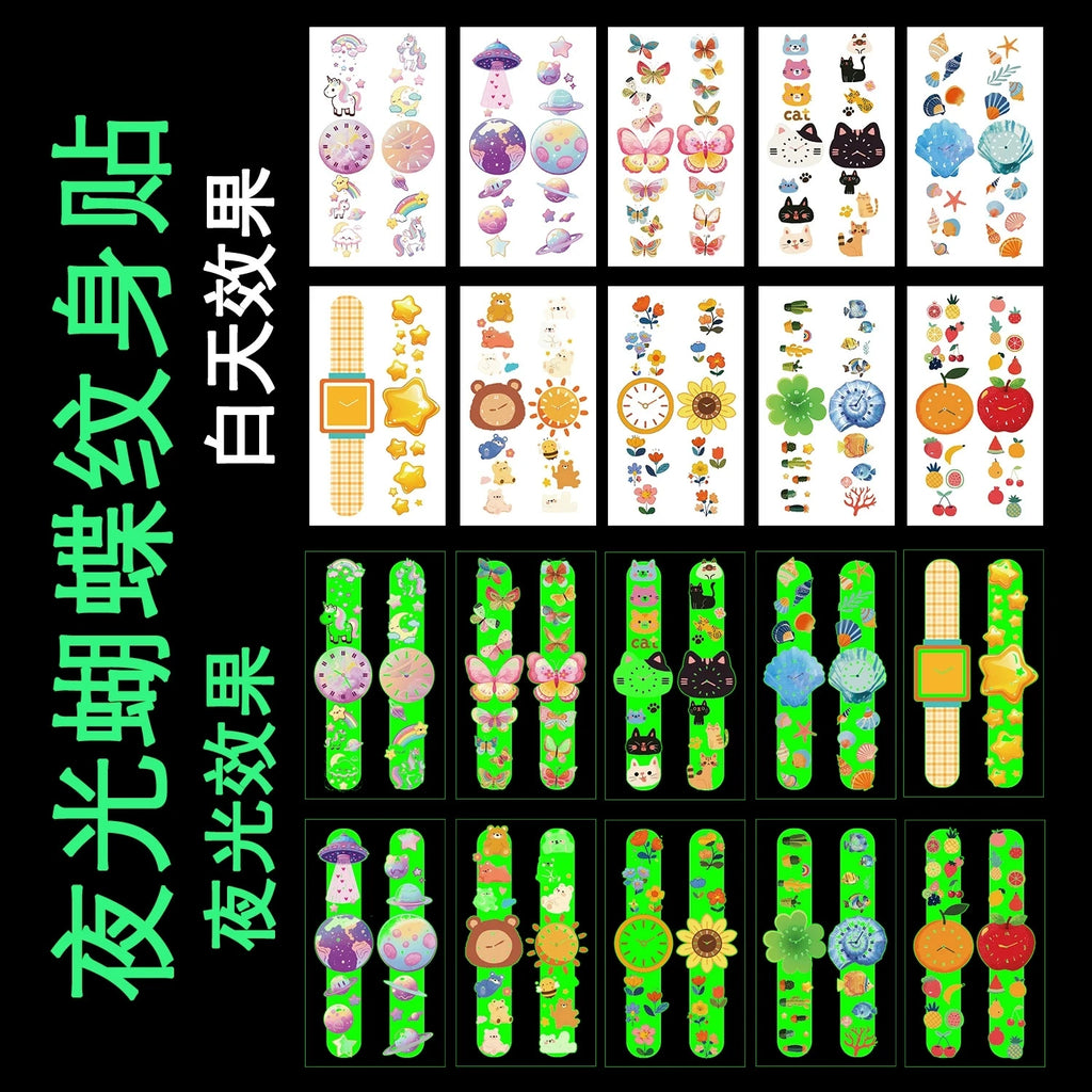 10Pcs Disposable Water Transfer Printing Unicorn/butterfly/Watch Luminous Tattoo Stickers Waterproof Party Gifts Funny Stickers
