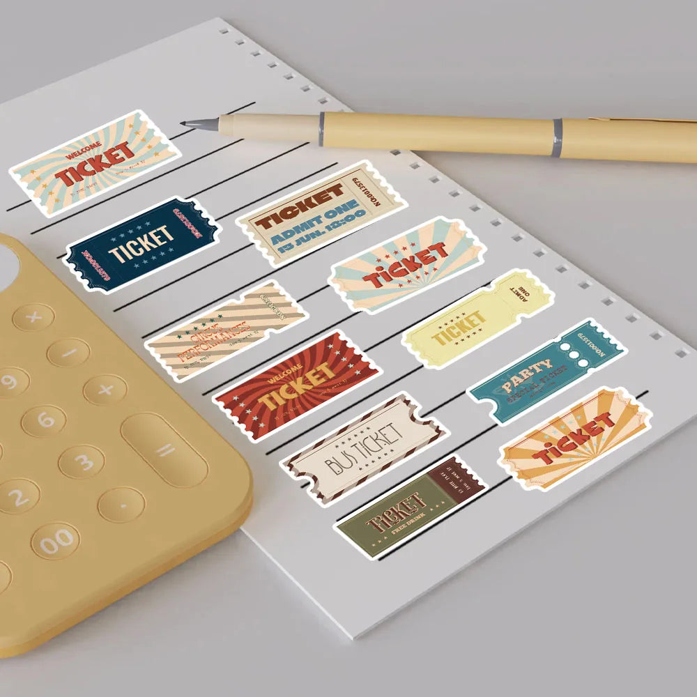50PCS Vintage Ticket Stub Sticker Harajuku Laptop Waterproof Decoration Luggage Desktop Computer Suitable Notebook Stickers