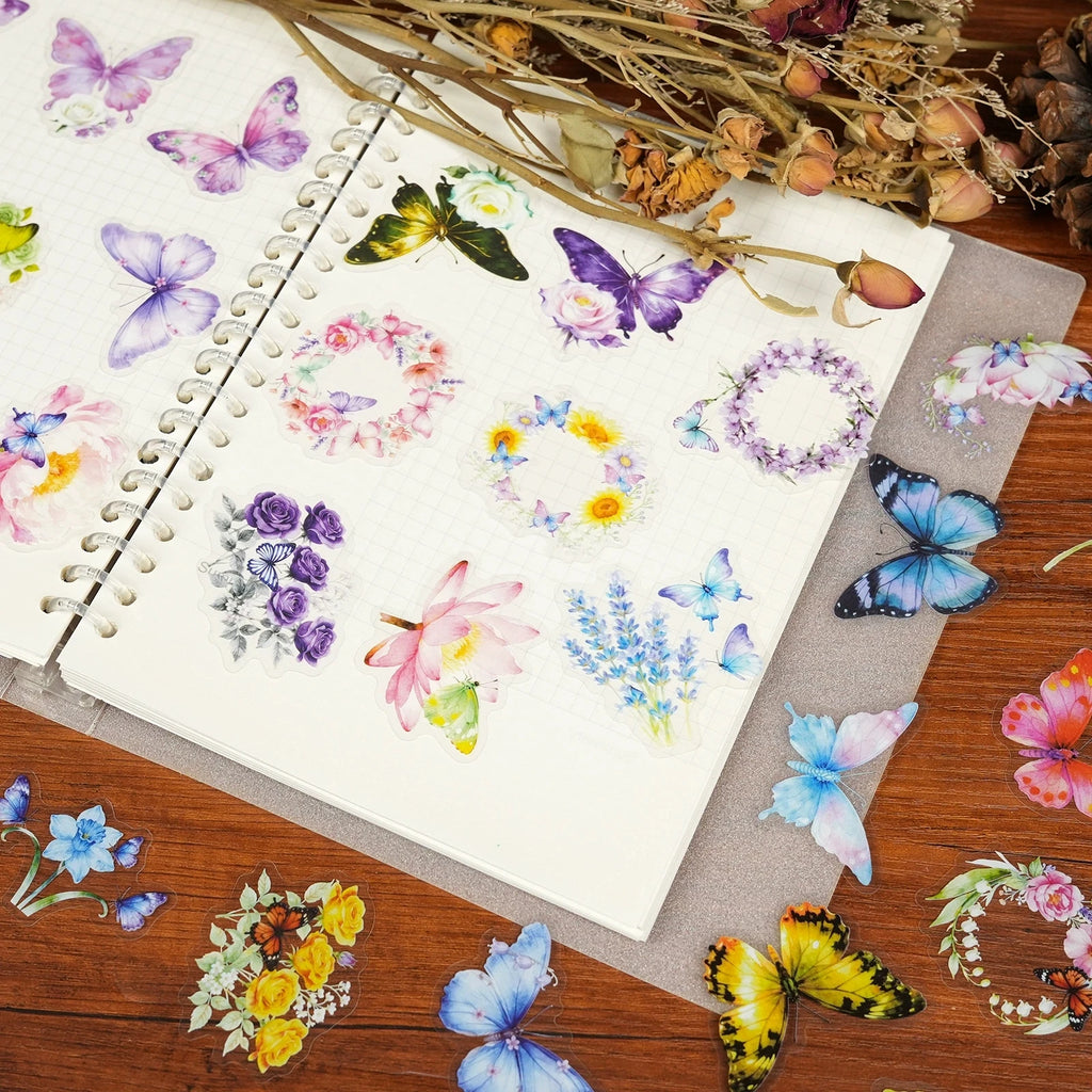 56/112PCS Butterfly Flower Transparent PET Stickers Exquisite Dreamy Handbooks DIY Stationery Notebook Stickers