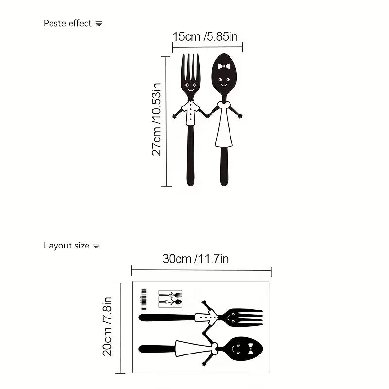 Cartoon Fork & Spoon Holding Hands Wall Decal - Self-Adhesive Removable PVC Sticker, Matte Finish Playful Kitchen Decor for Livi