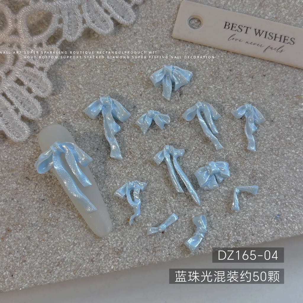 20pc Cute Pearlescent Soft Carving Ribbon Bow Nail Charms 2-21mm Mix Kawaii Bowknot Nail Rhinestones 3D Resin Manicure Accessory
