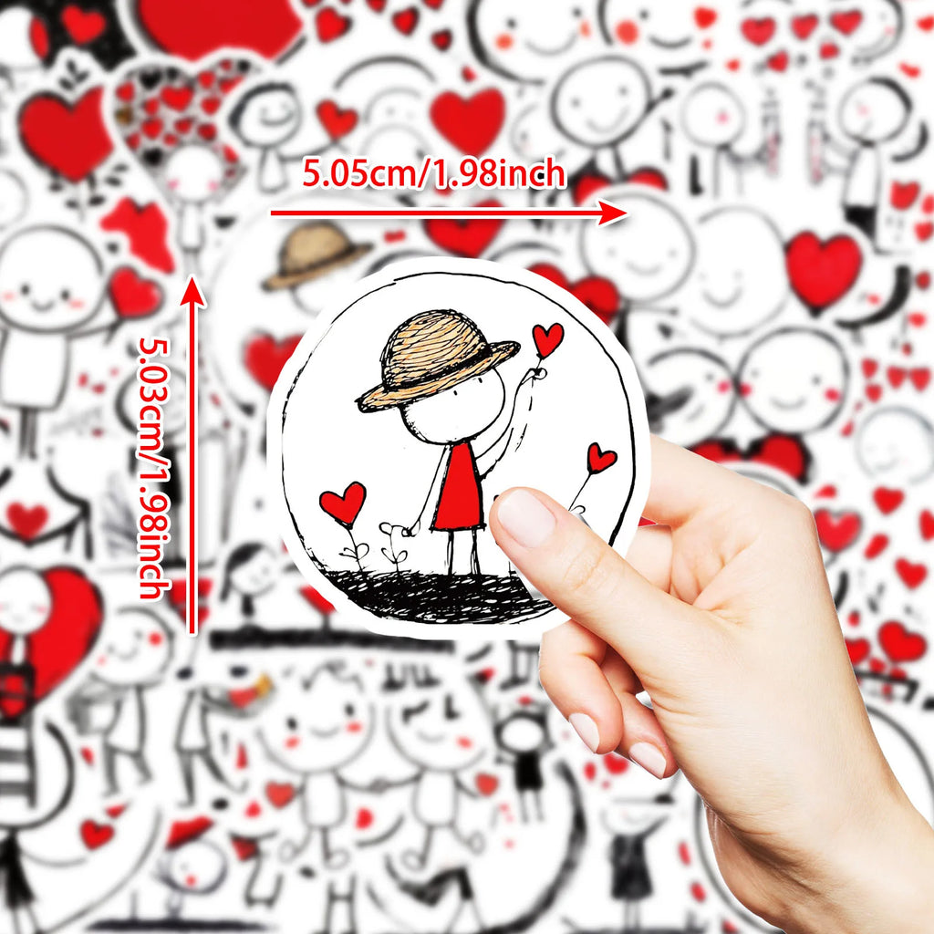 50PCS Simple Line Graffiti Stickers Red Heart Cartoon DIY Children Staionary Notebook Stickers