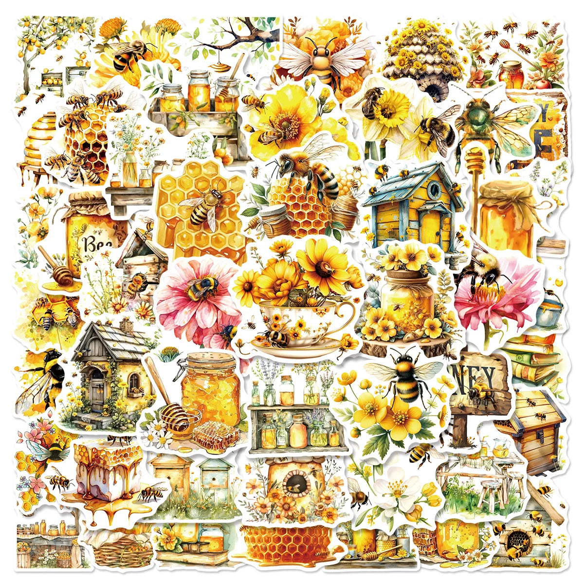 50PCS Bee Flower Graffiti Stickers Notebook Water Cup Luggage Handbag Decoration Non repeating Waterproof Stickers
