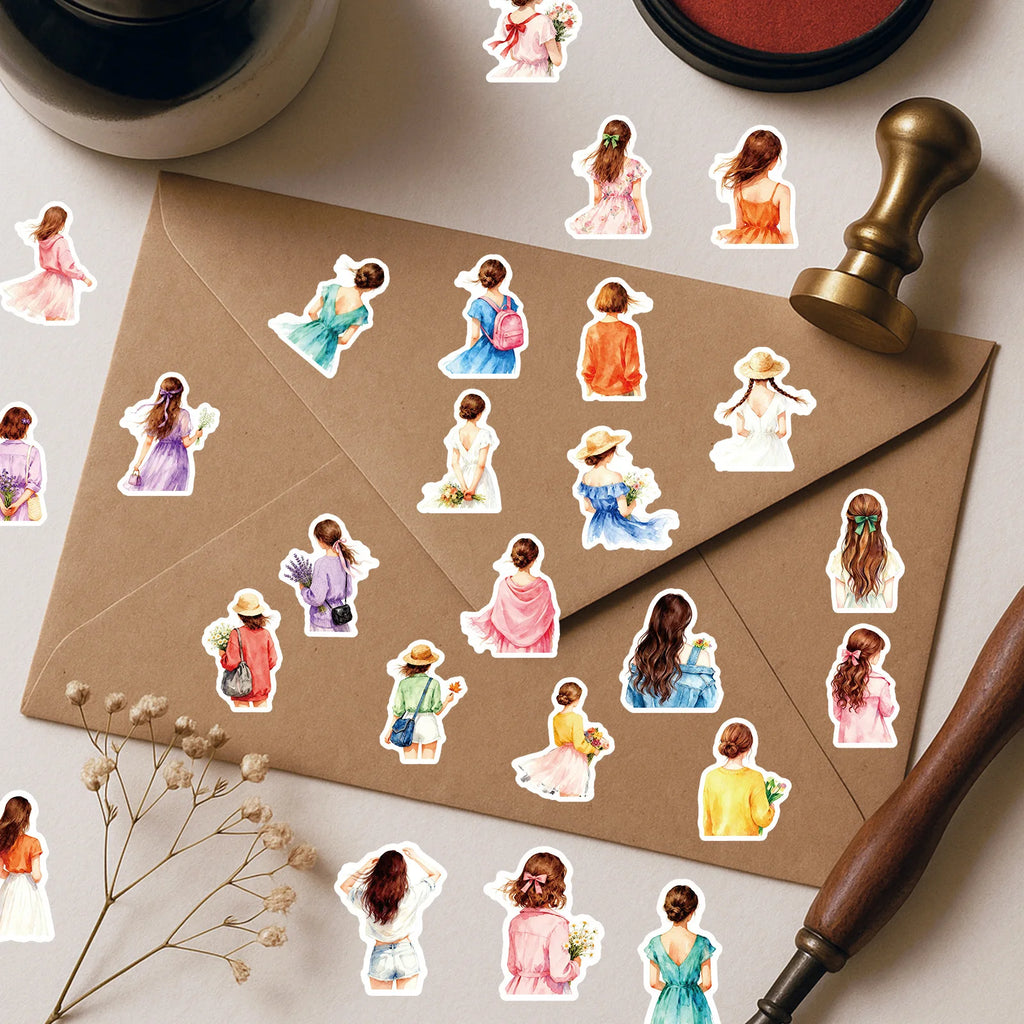 56PCS Watercolor Style Fashion Girl Silhouette Stickers, Office School Supplies Journal Notebook Fridge Aesthetic Sticker