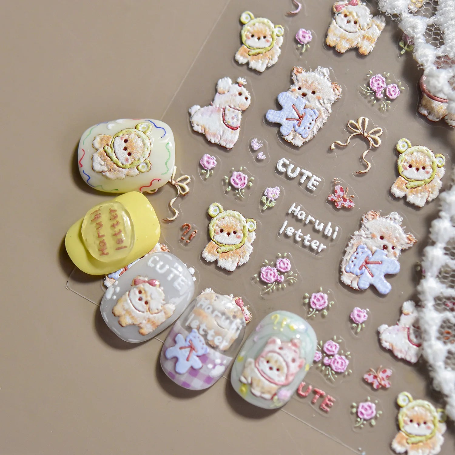 Cute Graffiti Nails Sticker 3D Simple Cat Claw Rabbit Bear Dog Flower Lovely Animal Fruit Adhesive 5D Embossed Nail Art Stickers